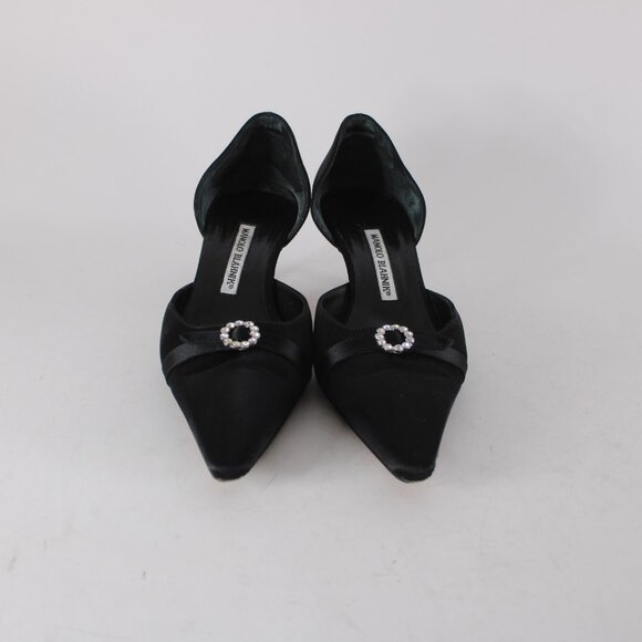 Manolo Blahnik Heels Floran Sz 38 Black Rhinestones Satin Leather Kitten 1.5" - Picture 5 of 13